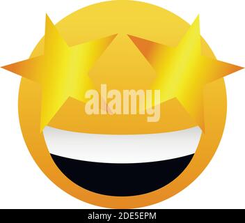 Happy laughing emoji face with eyes in the form of stars. Fun cartoon vector emoticon with smile. Cute yellow smiley for application and chat. Stock Vector