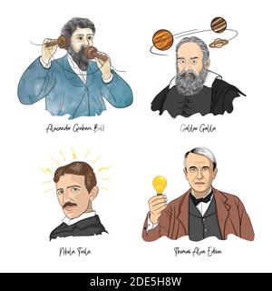 Portraits de scientifiques célèbres. Graham Bell, Galileo Galilei, Nikola Tesla, Thomas Alva Edison Illustration de Vecteur