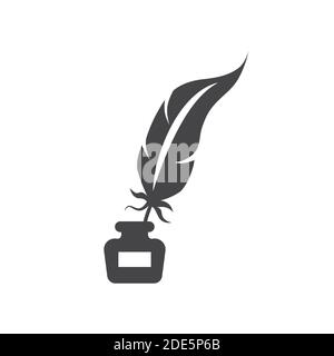 Stylo à encre noire avec icône vectorielle infilée. Plume avec bouteille d'encre, symbole de glyphe rétro ou ancien. Illustration de Vecteur