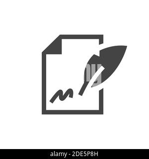 Signature de contrat icône de vecteur noir. Document papier avec signature et affiche de stylo de remplissage. Illustration de Vecteur