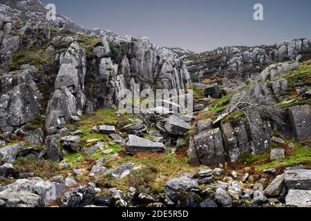 On y voit le terrain rocheux de la vallée du Nant Ffrancon, situé entre le Glyderau et les chaînes de montagne de Carneddau à Snowdonia. Banque D'Images