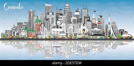 Canada City Skyline avec bâtiments gris, ciel bleu et réflexions. Illustration vectorielle. Concept avec architecture historique. Paysage urbain du Canada. Illustration de Vecteur