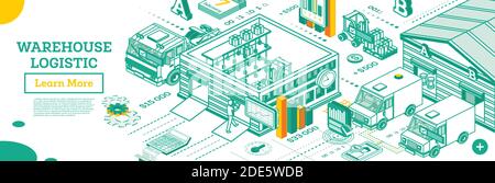 Extérieur de l'entrepôt. Concept de contour isométrique avec Storehouse Buildings. Système logistique d'entrepôt. Chargement des camions de livraison. Infographies. Illustration de Vecteur