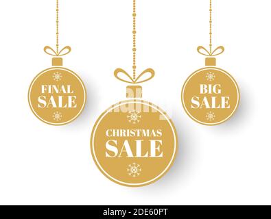 Balles de Noël et de solde du nouvel an. Étiquettes de Noël. Balles de Noël dorées avec gros solde final. Offre spéciale étiquette hiver. Prix de vacances design elem Illustration de Vecteur