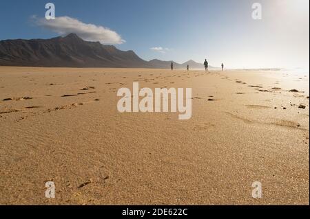 Promenade en famille sur la plage de Cofete, île de Fuerteventura, îles Canaries, Espagne Banque D'Images