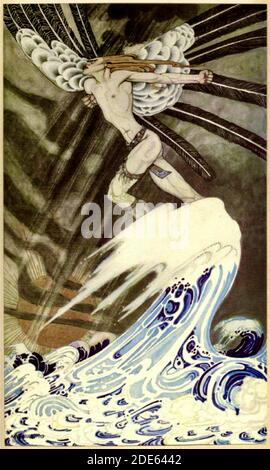 Le vent du Nord passe au-dessus de la mer. Illustration de Kay Nielsen pour les contes folkloriques norvégiens de l'est du Soleil, de l'Ouest de la Lune - 1914. Banque D'Images