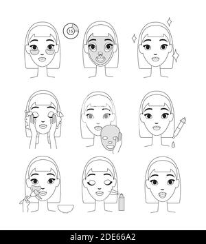 Illustration vectorielle des instructions d'utilisation du masque cosmétique. Jeune femme faisant des procédures de beauté ensemble, style de ligne isolats sur fond blanc. Illustration de Vecteur