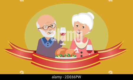 Grands-parents de dessins animés avec dinde rôtie ou poulet, repas traditionnel de vacances. Illustration de Vecteur