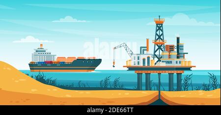 Illustration de vecteur d'extraction de gaz de pétrole, technologie de forage à plat de dessins animés, station de tour de pompe d'extraction offshore à l'eau de mer Illustration de Vecteur