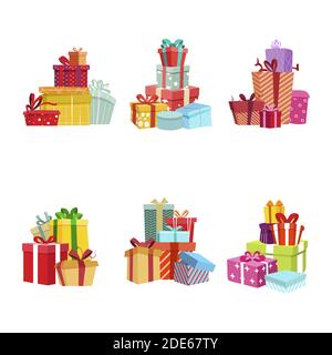 Pile de boîtes-cadeaux pour cadeau, anniversaire de fête et surprise de noël. Message d'accueil de Noël vectoriel, cadeau décoratif coloré festif à l'événement, plusieurs parcs colorés Illustration de Vecteur