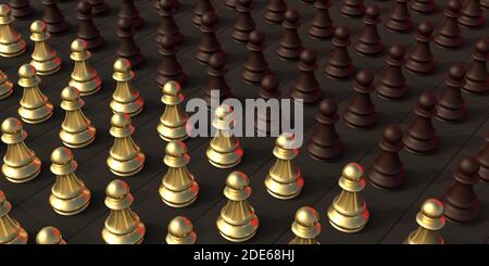 Morceaux d'échecs pions d'or et de marron pions, fond noir. Différence, concept de déploiement. illustration 3d Banque D'Images