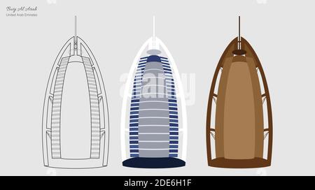 Illustration vectorielle du bâtiment Burj Al Arab dans 3 styles; Line art, Realistic et Night View. Abstrait Illustration de Vecteur