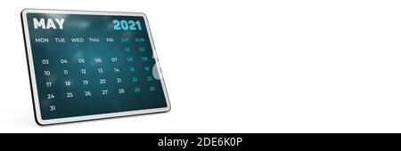 Concept de la nouvelle année : calendrier anglais pour mai 2021. Planificateur d'horaires bleu rendu 3D sur l'écran de la tablette. Agenda mensuel sur fond blanc isolé. Banque D'Images