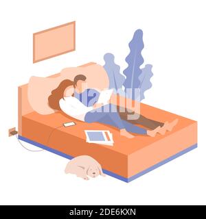 Un jeune couple marié se détend sur le canapé et lit sur une tablette. Un chien se trouve à proximité. Chambre confortable. Illustration vectorielle plate. Illustration de Vecteur