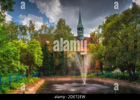 Fontaine dans un petit étang entouré d'arbres verts et de l'église de STS. Peter et Paul en arrière-plan, Szczecin, Pologne. Technique d'image à mise au point douce Banque D'Images