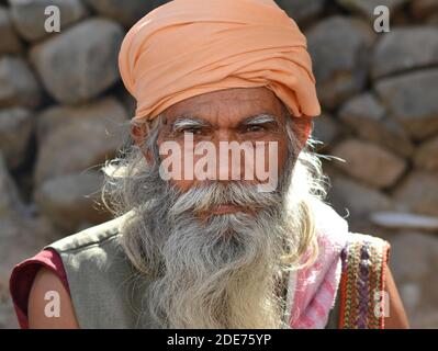 Le dévot et le pèlerin hindou indien âgé avec une longue barbe complète et des sourcils bushy pose pour la caméra pendant la Mela Shivratri (foire de Bhavnath). Banque D'Images