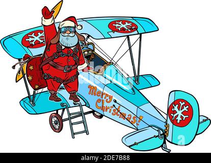 Le Père Noël prend un avion rétro. L'histoire de Noël. Arrière-plan blanc isolé Illustration de Vecteur