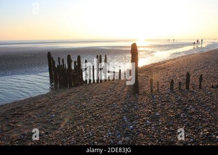 Pett Level Beach au coucher du soleil. Avec piscine d'eau de mer et rochers en premier plan. Winchelsea Beach rencontre les falaises une forêt pétrifiée visible à basse altitude Banque D'Images