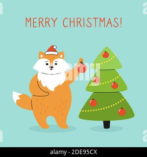 Carte de vœux de Noël, renard avec arbre du nouvel an. Renard rouge en chapeau de Père Noël. Personnage de noël humoristique dessiné à la main. Bonne année, Joyeux Noël. Vecteur animal Illustration de Vecteur