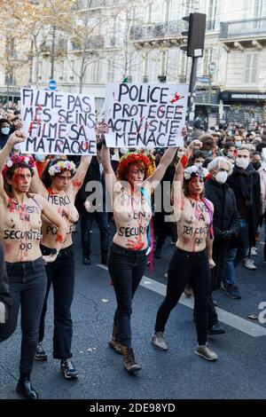 Paris, France. 28 novembre 2020. Manifestation des opposants au projet DE droit MONDIAL DE LA SÉCURITÉ le 28 novembre 2020 à Paris, France. Banque D'Images