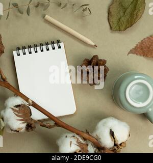 Concept hiver et automne. Carnet, tasse, crayon de couleur, plante en coton, feuilles sèches sur fond vert kaki. pose à plat, vue du dessus, espace pour les copies Banque D'Images