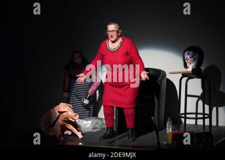 Corinne Masiero ( en noir) et Adolpha van Meerhaeghe ( en rouge) dans la pièce 'la vie bien Renger d'Adolpha' au théâtre Charcot de Marcq-en-Baroeul, pres de Lille, le 09 Fevrier 2019. Photo de Sylvain Lefevre/ABACAPRESS.COM Banque D'Images