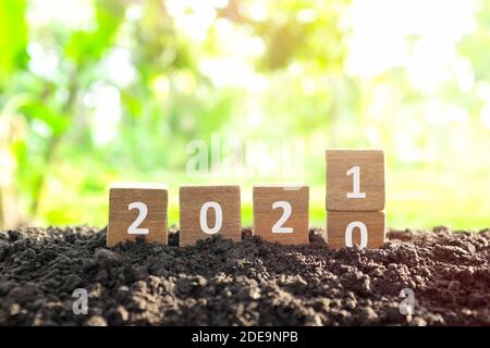 Changement de l'année 2020 à 2021 en blocs de bois cubes avec plante en croissance. Nouvelle année, espoir, bonjour et concept Au revoir. Banque D'Images