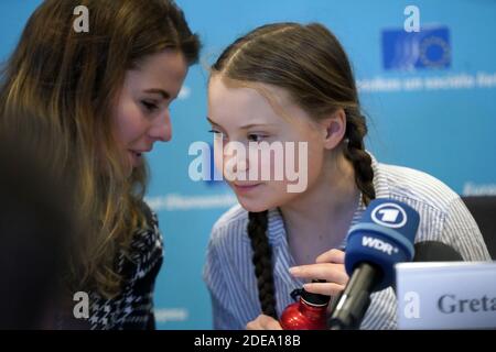 Greta Thunberg, activiste climatique suédois de 16 ans, prend la parole lors d'une réunion à la Société civile pour la renaissance à Bruxelles, Belgique, le 21 février 2019, à Bruxelles, Belgique. Photo de Sylvain Lefevre/ABACAPRESS.COM Banque D'Images