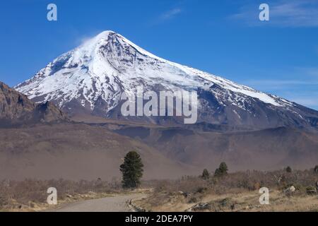 Vue sur le volcan Lanin depuis la route vers le lac Tromen à Neuquen, Argentine. Banque D'Images