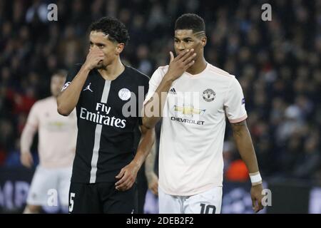 Marquinhos du PSG affronte Marcus Rashford de Manchester United lors de la manche de la Ligue des champions de l'UEFA du match de football de la deuxième jambe de 16 entre Paris Saint-Germain (PSG) et Manchester United au stade du Parc des Princes à Paris le 6 mars 2019. Manchester United a gagné 3-1 et s'est qualifié pour le 1/4. Photo de Henri Szwarc/ABACAPRESS.COM Banque D'Images
