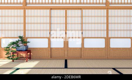 Intérieur de chambre de style traditionnel japonais vide avec porte coulissante Shoji et sol tatami, rendu 3d Banque D'Images