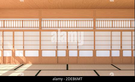 Intérieur de chambre de style traditionnel japonais vide avec porte coulissante Shoji et sol tatami, rendu 3d Banque D'Images