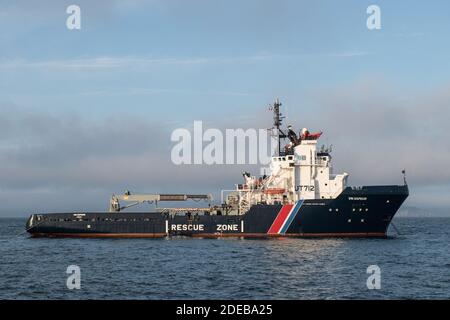 Remettre la photo du dossier datée du 17 octobre 2018 du navire de sauvetage VN Sapeur. Le navire italien touché par le feu, MV Grande America, appartenant au Groupe Grimaldi, a coulé dans le golfe de Gascogne à une profondeur de 4,600 mètres au large de la côte française. Selon la Marine nationale française, le navire, un porte-conteneurs, a coulé le mardi 12 mars 2019, à 1526 heures, heure locale, à environ 180 milles marins au large de la côte française. Un incendie a éclaté sur la Grande Amérique dimanche soir alors que le navire était en cours dans le golfe de Gascogne lors d'un voyage de Hambourg, en Allemagne, à Casablanca, au Maroc. L'incendie était principalement localisé Banque D'Images