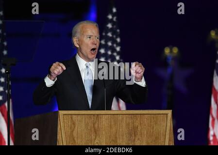 Wilmington, États-Unis. 29 novembre 2020. Le président élu Joe Biden a prononcé son discours de victoire après avoir battu le président républicain Donald Trump lors de l'élection présidentielle de 2020, à Wilmington, Delaware, le samedi 7 novembre 2020. Après quatre jours supplémentaires de dépouillement des votes, Biden s’est retiré, gagnant plusieurs États pivots avec une marge étroite. Photo de Pat Benic/UPI crédit: UPI/Alay Live News Banque D'Images