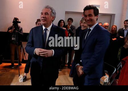 François Bayrou, Marielle de Sarnez, Pierre Person lors d'une conférence de presse présentant la liste 'Renaissance' du parti LREM (la République en Marche) pour les élections européennes de 2019, Paris, France, le 26 mars 2019. Le parti LREM révèle les noms de ses 30 candidats aux élections européennes. Photo de Henri Szwarc/ABACAPRESS.COM Banque D'Images