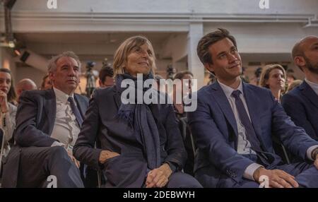 François Bayrou, Marielle de Sarnez et Pierre Person lors d'une conférence de presse présentant la liste 'Renaissance' du parti LREM (la République en Marche) pour les élections européennes de 2019, Paris, France, le 26 mars 2019. Le parti LREM révèle les noms de ses 30 candidats aux élections européennes. Photo de Loic Baratoux/ABACAPRESS.COM Banque D'Images