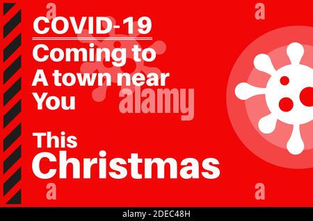 Covid-19 venir dans une ville près de chez vous cette illustration vectorielle de Noël avec logo de virus sur fond rouge. Illustration de Vecteur