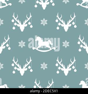 Motif hivernal sans couture avec silhouette blanche de deers avec boules de Noël sur les cornes, les chevaux et les flocons de neige. Nom de Noël à plat vectoriel Illustration de Vecteur