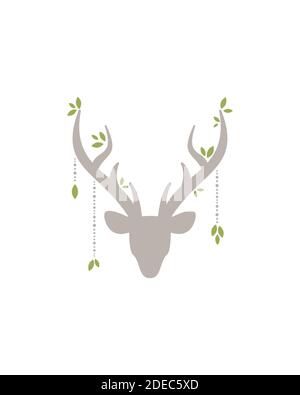 Magnifique carte boho avec silhouette de tête de cerf avec bois, plumes et fleurs, feuilles vertes et branche de baies sauvages. Isolat de composition naturelle sauvage Illustration de Vecteur