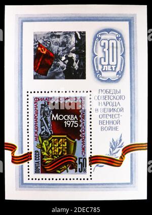 MOSCOU, RUSSIE - 25 OCTOBRE 2020: Timbre-poste imprimé en Union soviétique montre Block: Exposition internationale de timbres 'Socphilex-75', série, vers 1975 Banque D'Images