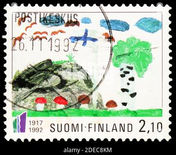 MOSCOU, RUSSIE - 17 OCTOBRE 2020 : timbre-poste imprimé en Finlande consacré au 75e anniversaire de l'indépendance, série, vers 1992 Banque D'Images