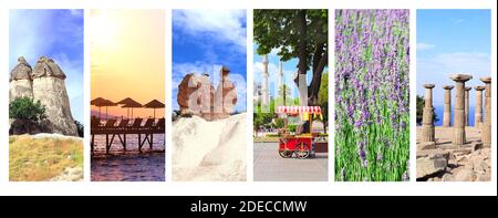 Collection de bannières verticales avec des sites de la Turquie. Fairy Chimney et Camel rock dans la vallée de Pasabag, Cappadoce, colonnes du temple d'Athena à Aso Banque D'Images