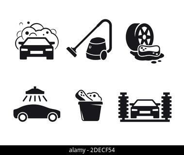 Ensemble d'icônes vectorielles noires, isolées sur fond blanc. Illustration plate sur un thème lavage de voiture Illustration de Vecteur