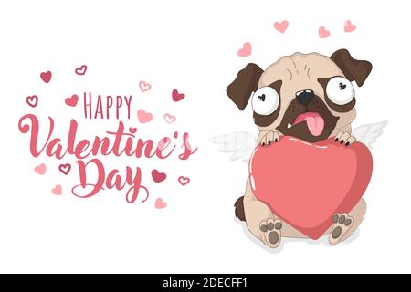 Bonne Saint Valentin. Mignon petit chien qui embrasse le coeur rose. Illustration de dessins animés vectoriels main raube avec texte. Idéal pour le design de t-shirt, les affiches, les cartes et Illustration de Vecteur