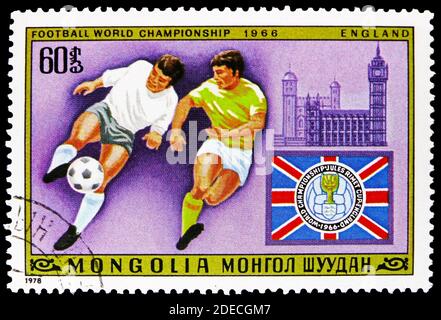 MOSCOU, RUSSIE - 1er OCTOBRE 2020 : timbre-poste imprimé en Mongolie montre l'Angleterre 1966, coupe du monde de football 1978, série Argentine, vers 1978 Banque D'Images