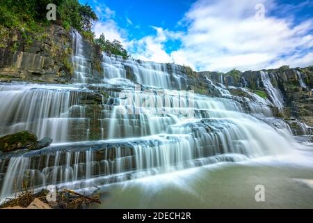 Chute d'eau en début d'après-midi d'hiver avec de l'eau qui coule sur les rochers et des nuages en mouvement créant une beauté spectaculaire pour la plus belle eau Banque D'Images