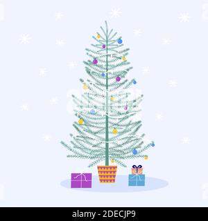 Carte de voeux avec arbre de noël décoré et cadeaux, cadeau Illustration de Vecteur