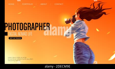 Modèle pour la page d'arrivée dans l'illustration vectorielle du lady photographe est souriant et prend une photo du magnifique coucher de soleil Illustration de Vecteur