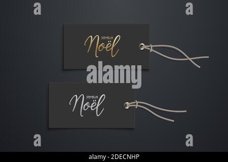 Modèle de maquette d'étiquette de réduction de Noël en noir. Cartes de vente rectangulaires avec cordes pour vêtements avec or Joyeux Noël texte sur noir Illustration de Vecteur