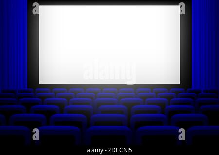 Écran de cinéma avec rideaux bleus et arrière-plan des sièges. Illustration vectorielle de l'auditorium de cinéma vide. Présentation de film ou événement de performance Illustration de Vecteur